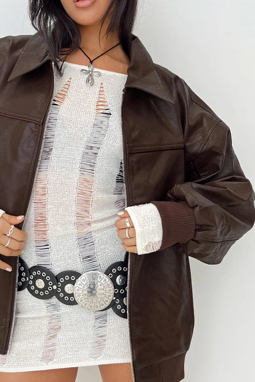 Lapel-Collar Faux-Leather Jacket