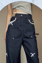 Butterfly Wide-Leg Knotted Jeans with Lace Details