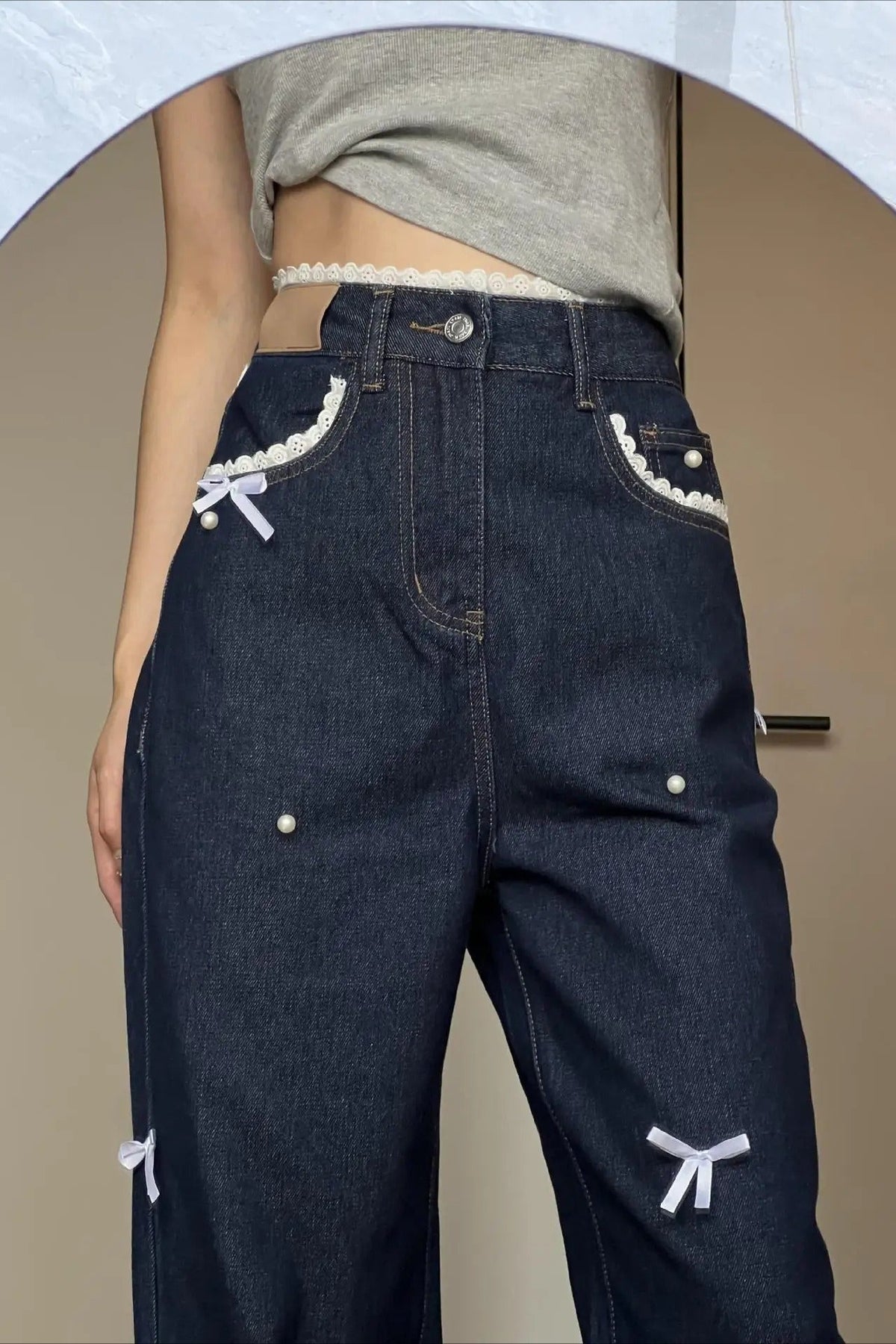 Butterfly Wide-Leg Knotted Jeans with Lace Details