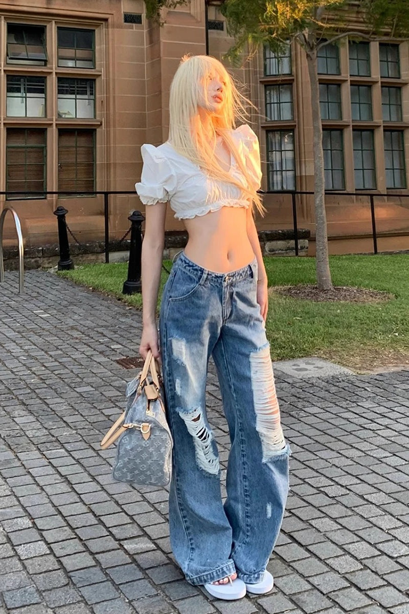 Wide-Leg Relaxed-Fit Distressed Jeans