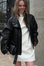 Black Leather Zip-Detail Collared Jacket