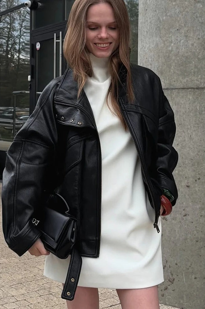 Black Leather Zip-Detail Collared Jacket