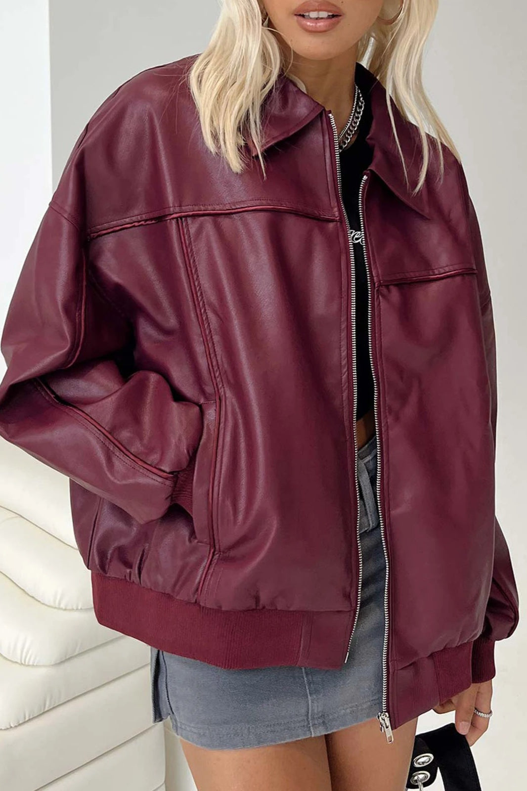 Lapel-Collar Faux-Leather Jacket