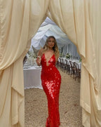 Plunging-V Mermaid Maxi Dress with Sequin Detail