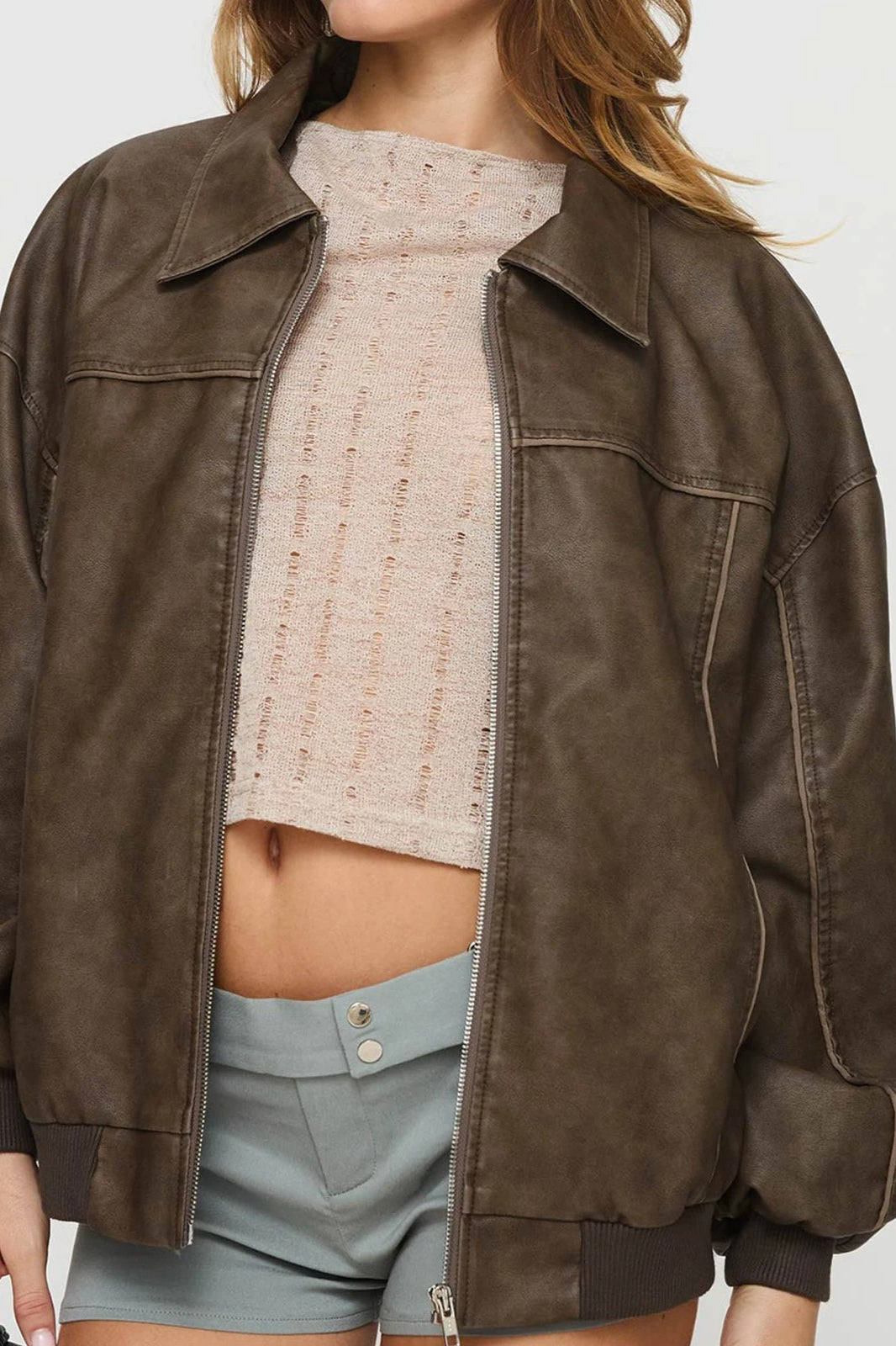 Lapel-Collar Faux-Leather Jacket
