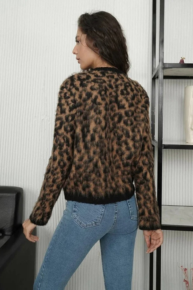 Leopard-Print Knit Button-Front Cardigan