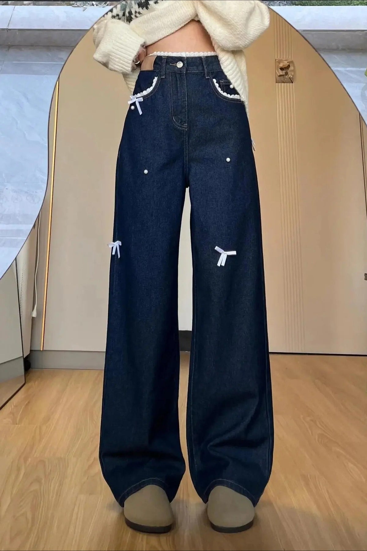 Butterfly Wide-Leg Knotted Jeans with Lace Details