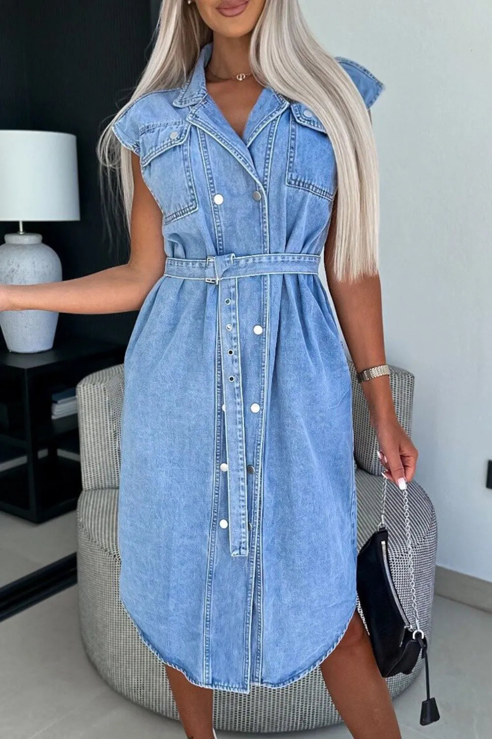 Denim Tie-Waist Dress with a Button Front