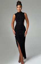 Asymmetric Slit-Detail Button-Detail Midi Dress