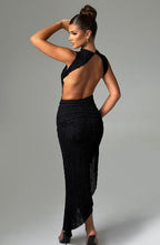 Asymmetric Slit-Detail Button-Detail Midi Dress