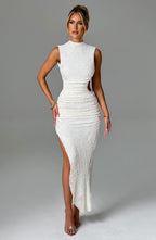 Asymmetric Slit-Detail Button-Detail Midi Dress