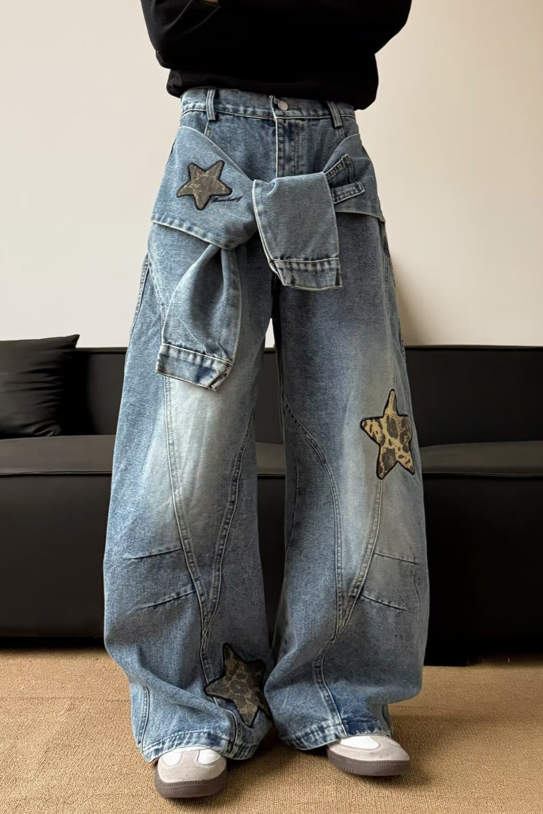 Leopard-Print Wide-Leg Relaxed-Fit Jeans with Panel Details