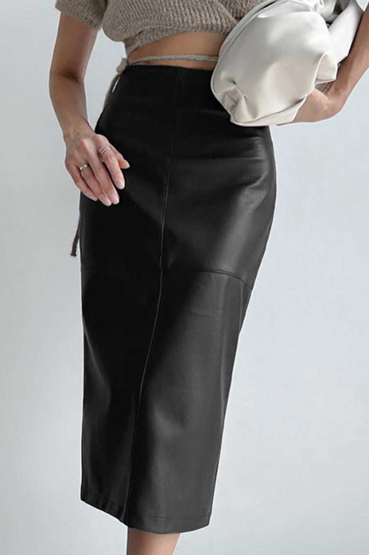 High-Rise Faux-Leather Midi Skirt with a Split Detail