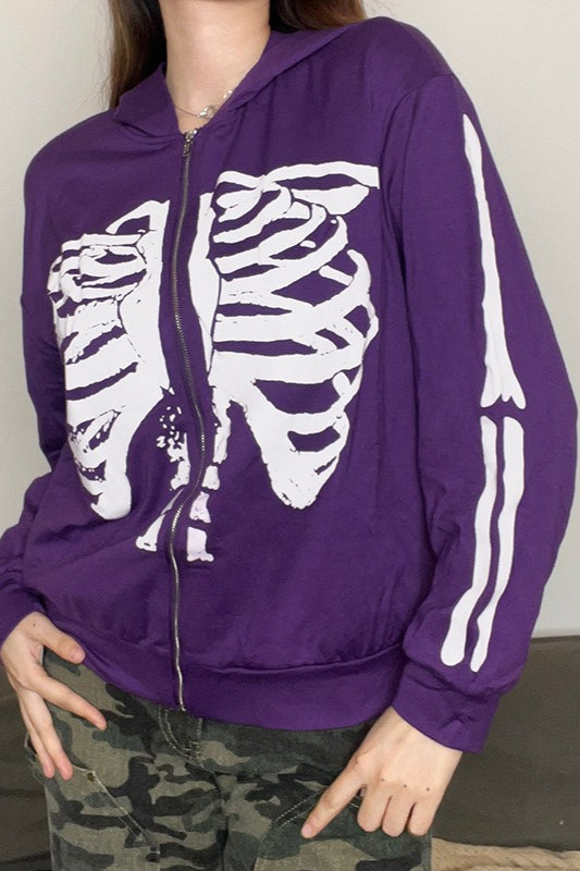 Skeleton-Print Zip-Detail Streetwear Hoodie