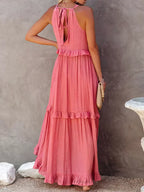 Halterneck Fitted Maxi Dress with Ruffle Details
