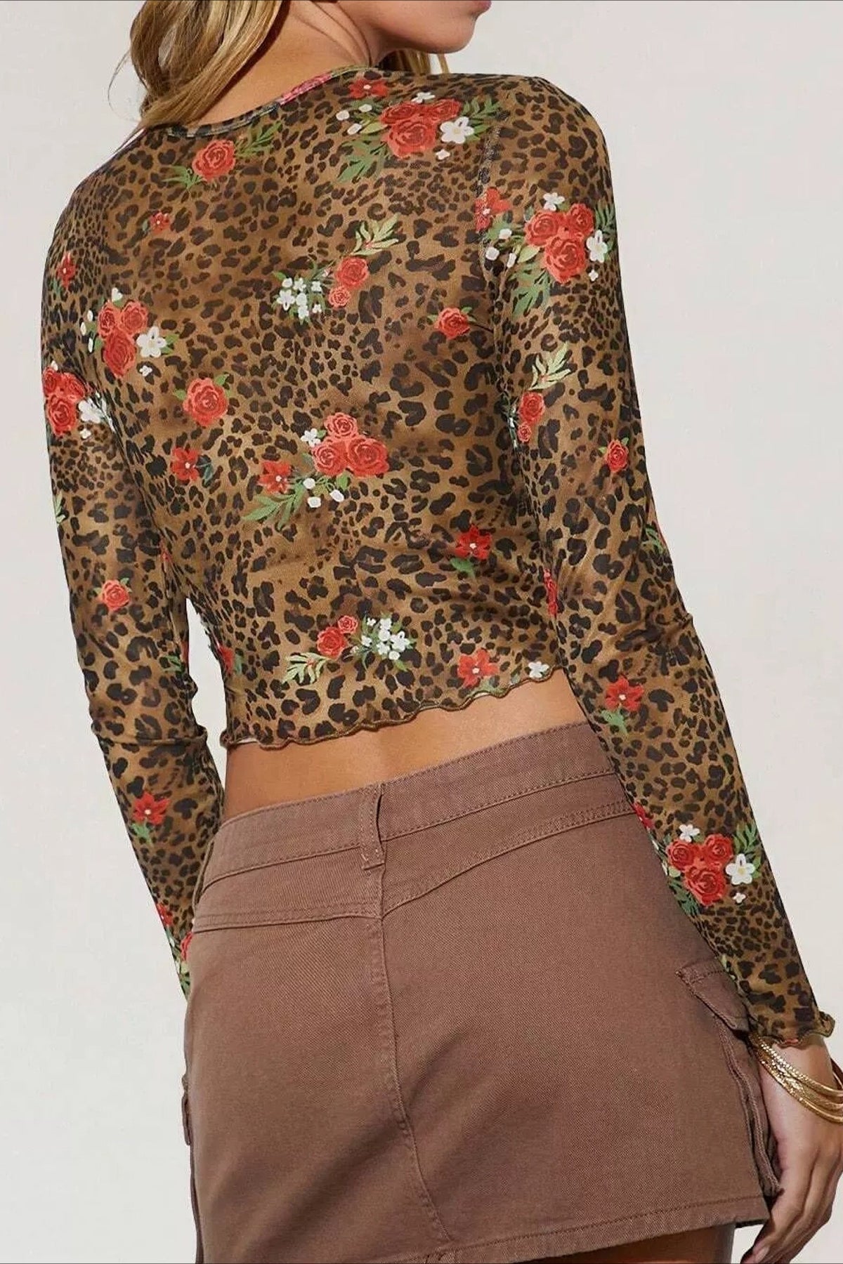 Leopard-Print Cropped Mesh Crop Top