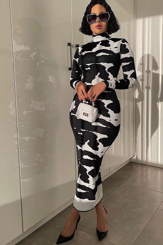 Floral Bodycon Long-Sleeve Maxi Dress with a High Neck