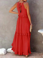 Halterneck Fitted Maxi Dress with Ruffle Details