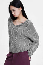 Cable-Knit Long-Sleeve Sweater with a V-Neck