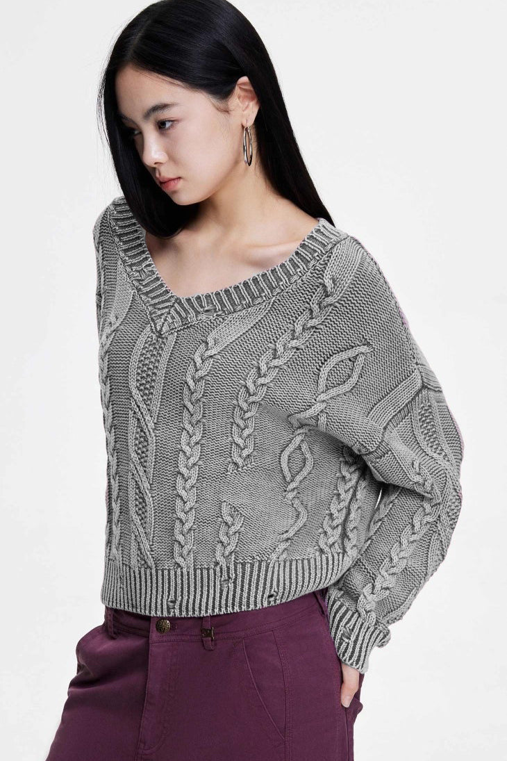 Cable-Knit Long-Sleeve Sweater with a V-Neck