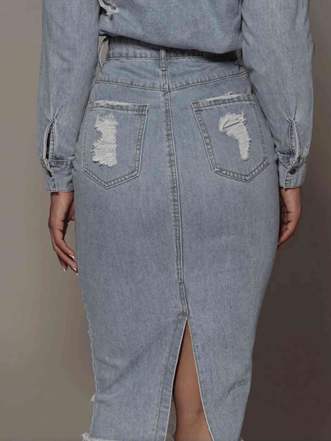 Denim Distressed Skirt with a Split Detail