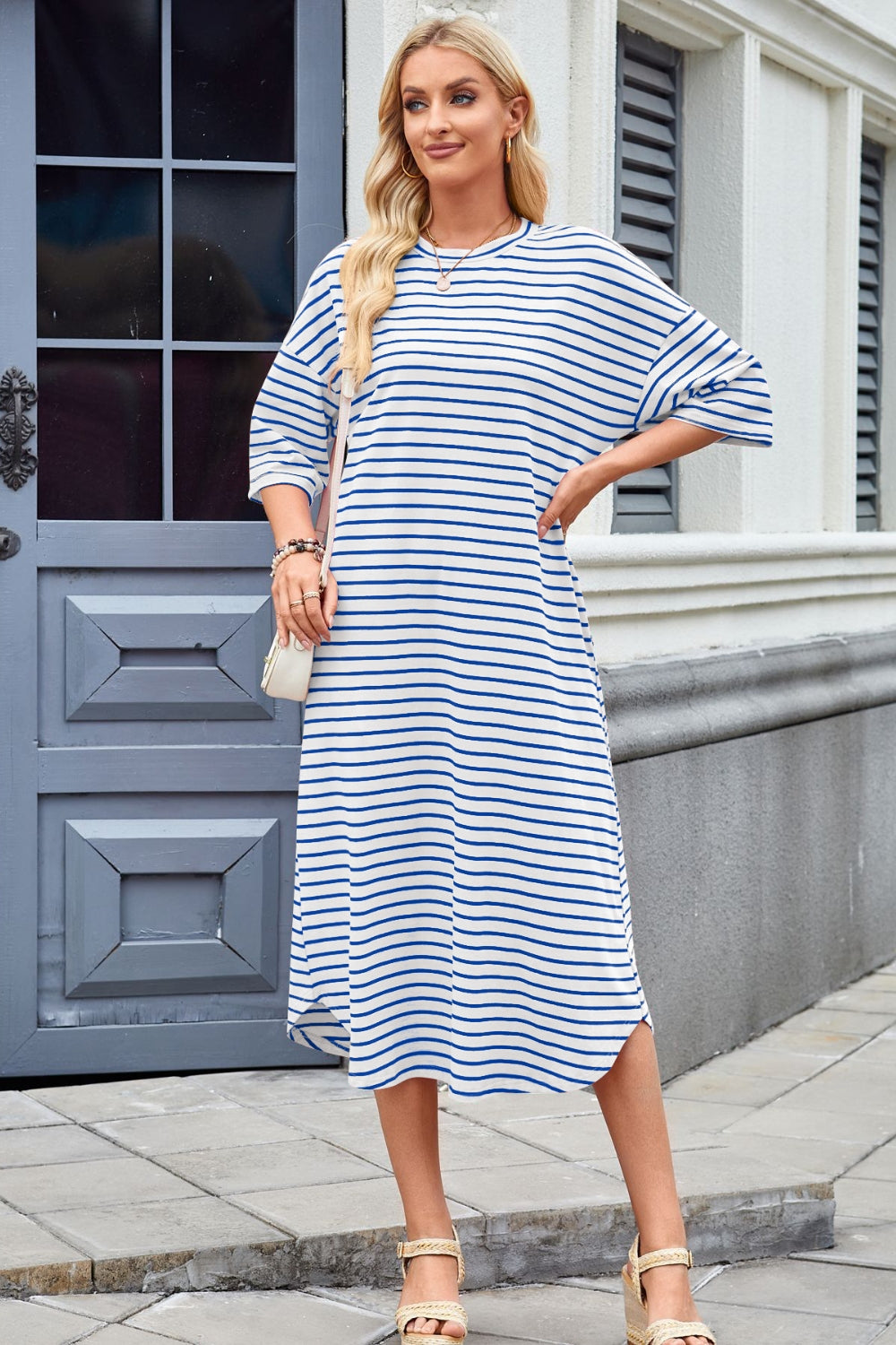 Striped Contrast-Detail Midi Dress with Pockets