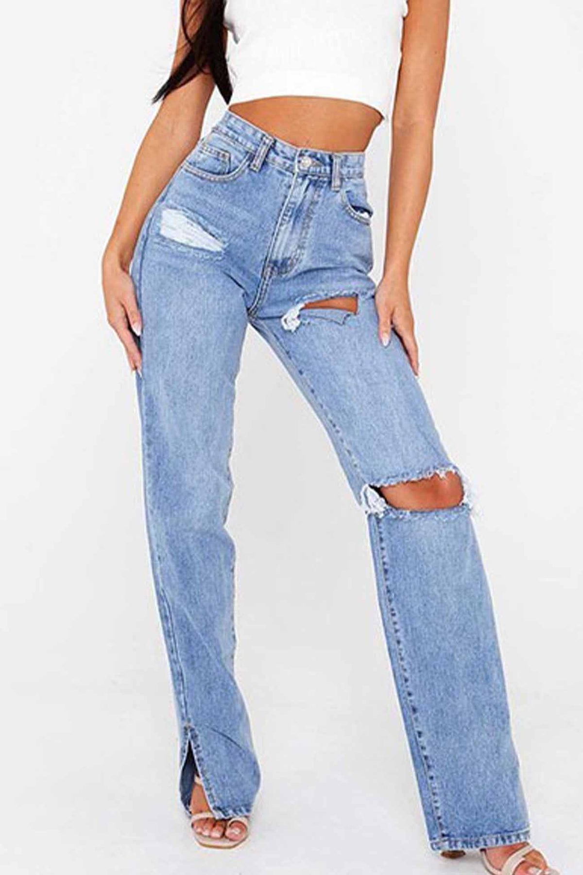 High-Rise Flared Distressed Jeans