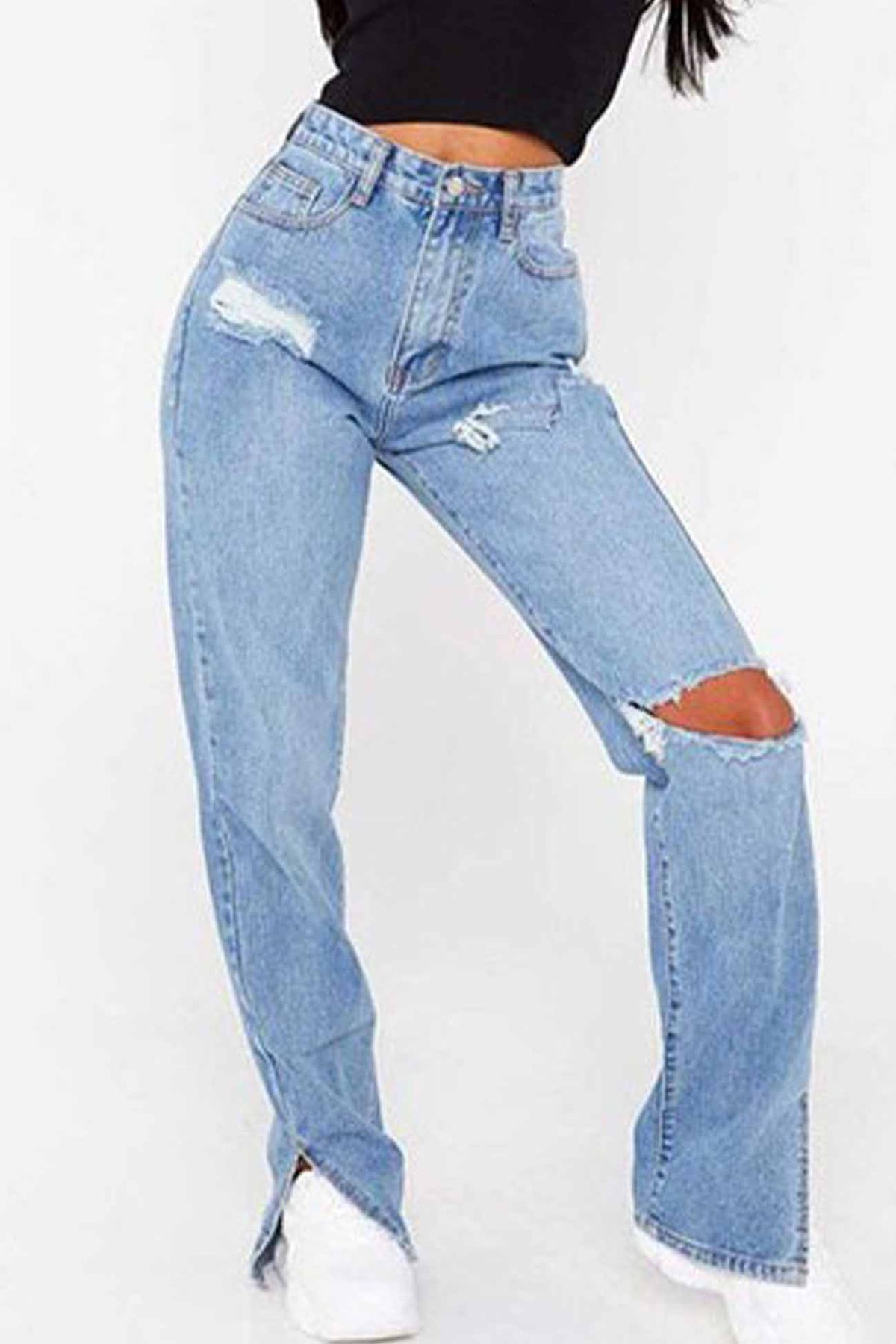 High-Rise Flared Distressed Jeans