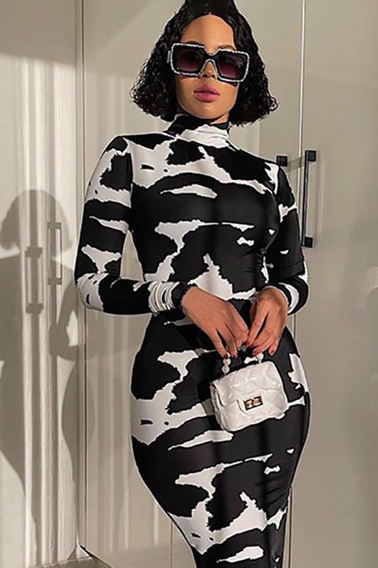 Floral Bodycon Long-Sleeve Maxi Dress with a High Neck Main image