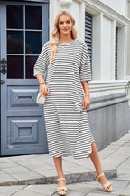 Striped Contrast-Detail Midi Dress with Pockets
