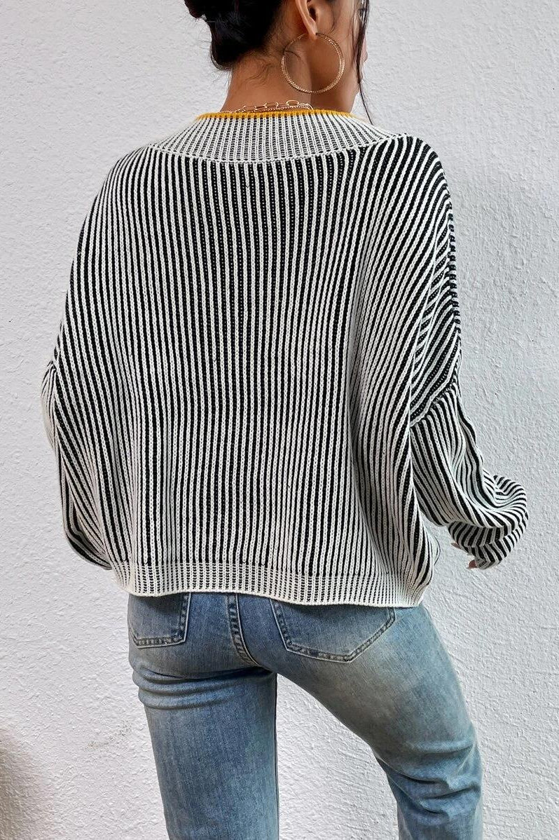 Striped Batwing Sweater with a V-Neck