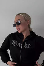 Rhinestone Hoodie with Zip Details