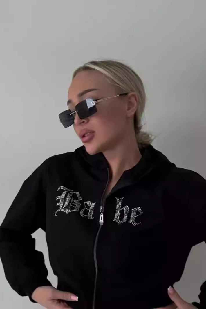 Rhinestone Hoodie with Zip Details