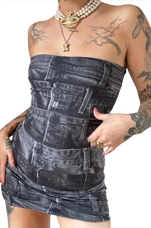 Denim Strappy Printed Dress