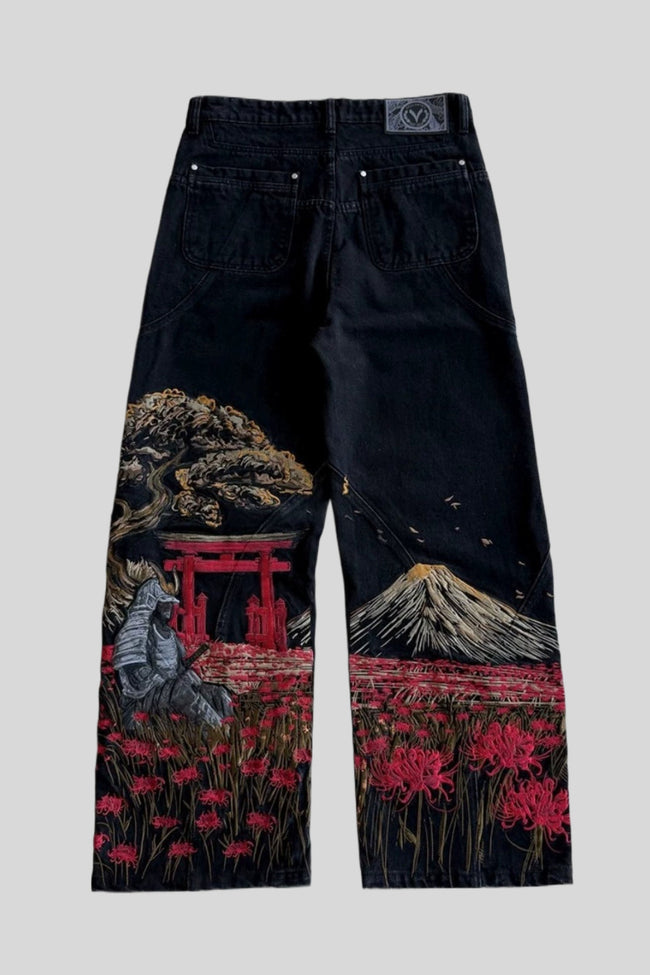 Wide-Leg Jeans with Mount Fuji Embroidery Main image