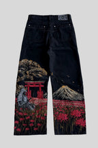 Wide-Leg Jeans with Mount Fuji Embroidery