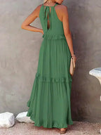 Halterneck Fitted Maxi Dress with Ruffle Details