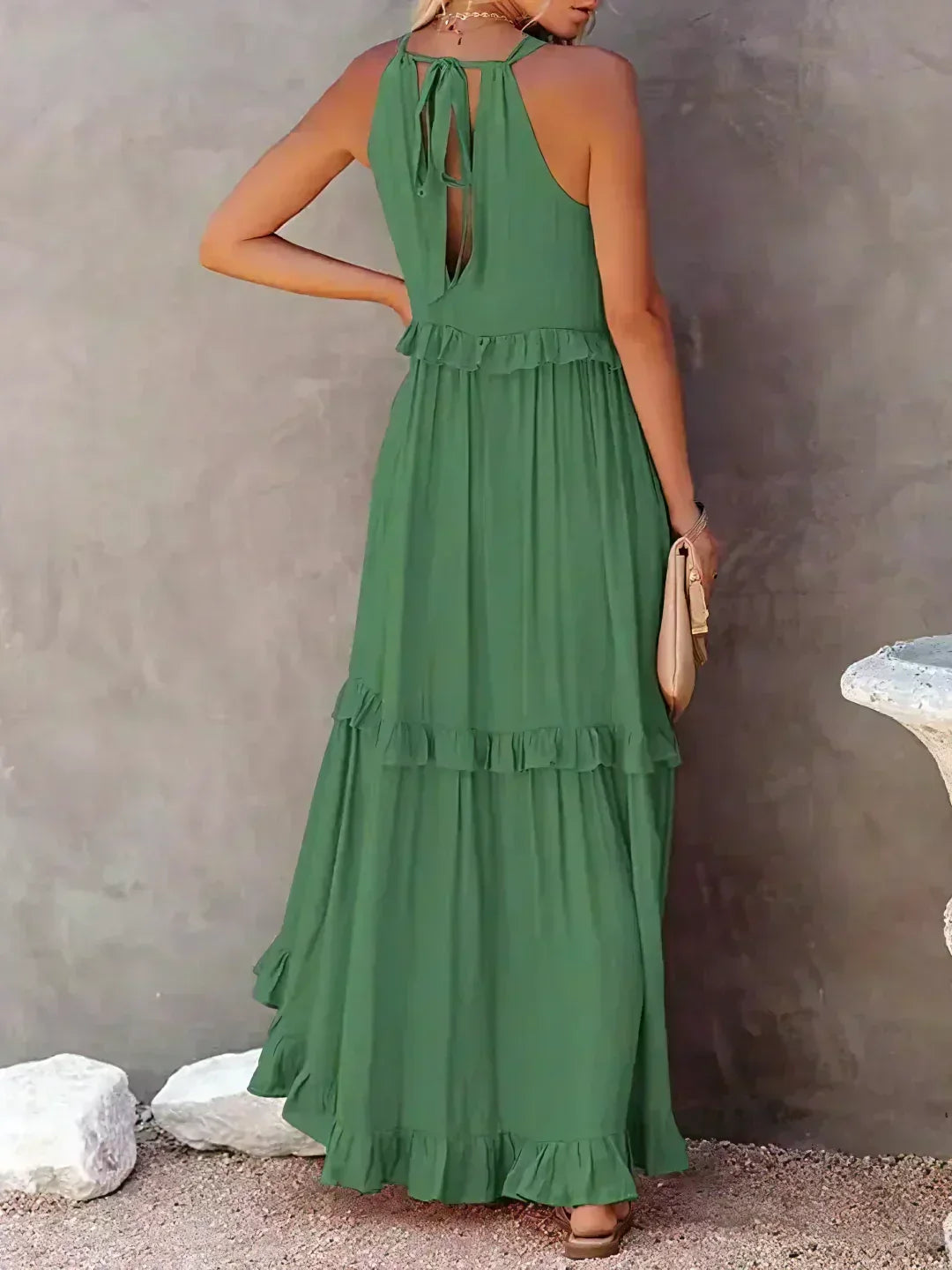 Halterneck Fitted Maxi Dress with Ruffle Details