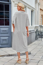 Striped Contrast-Detail Midi Dress with Pockets