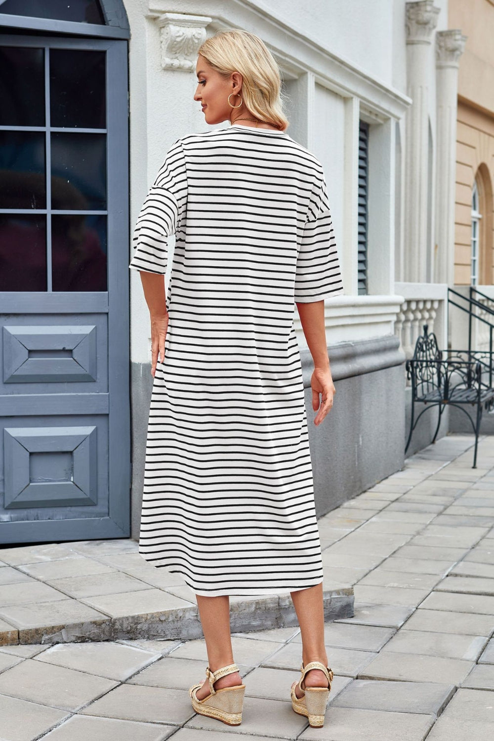 Striped Contrast-Detail Midi Dress with Pockets