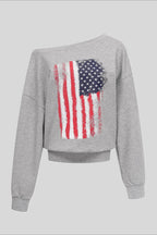 Off-Shoulder Flag-Graphic Distressed Tee