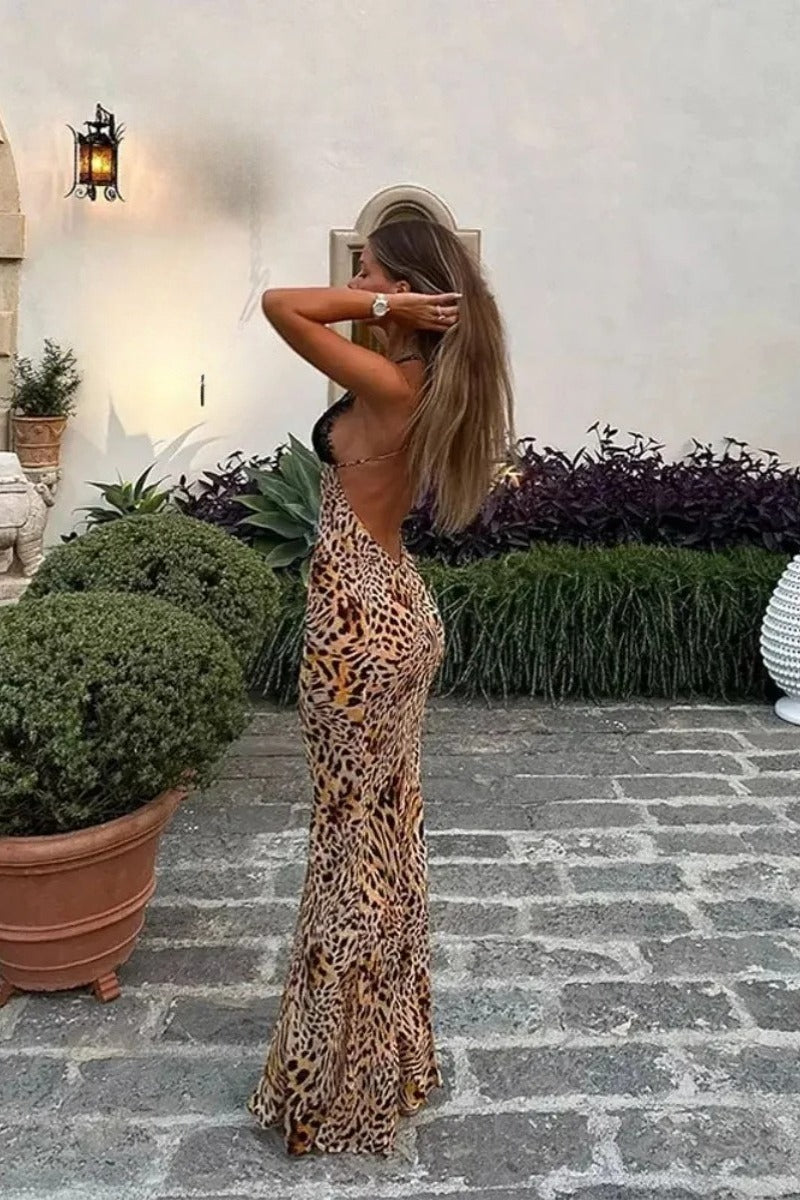 Leopard-Print Maxi Dress with Lace Trim