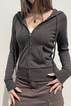 Gray Cropped Hooded Hoodie with a Front Zip