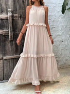 Halterneck Fitted Maxi Dress with Ruffle Details