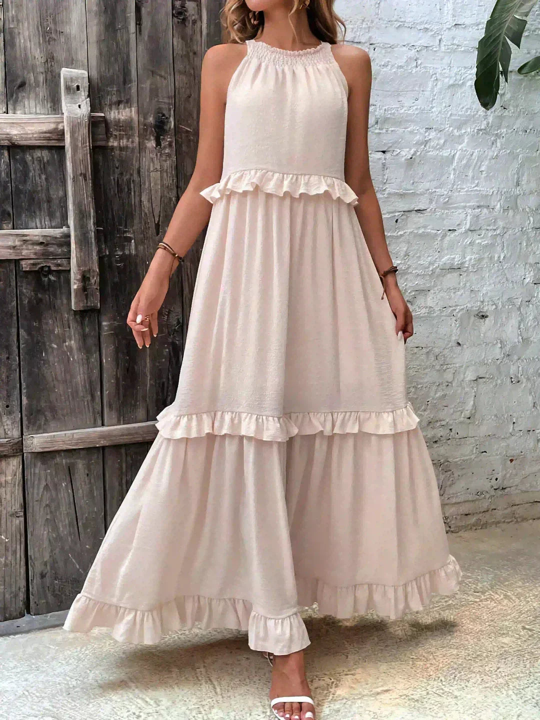 Halterneck Fitted Maxi Dress with Ruffle Details