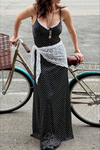 Polka-Dot Strappy Maxi Dress with Lace Trim