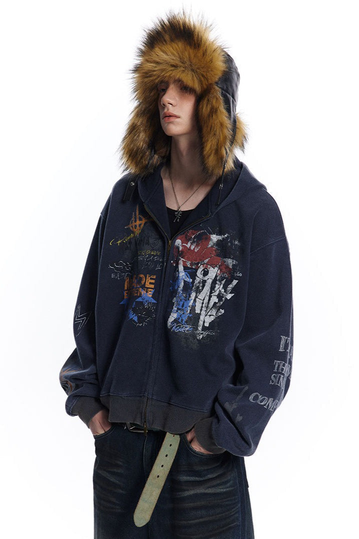Graffiti-Graphic Oversized Zip Hoodie