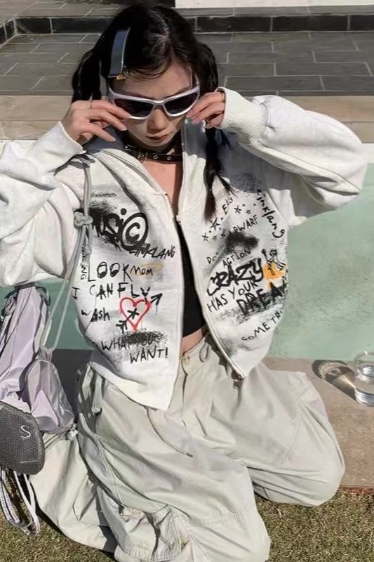 Gray Graffiti-Print Zip-Front Cropped Hoodie Main image