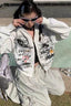Gray Graffiti-Print Zip-Front Cropped Hoodie