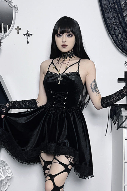 Tie-Waist Gothic Velvet Dress